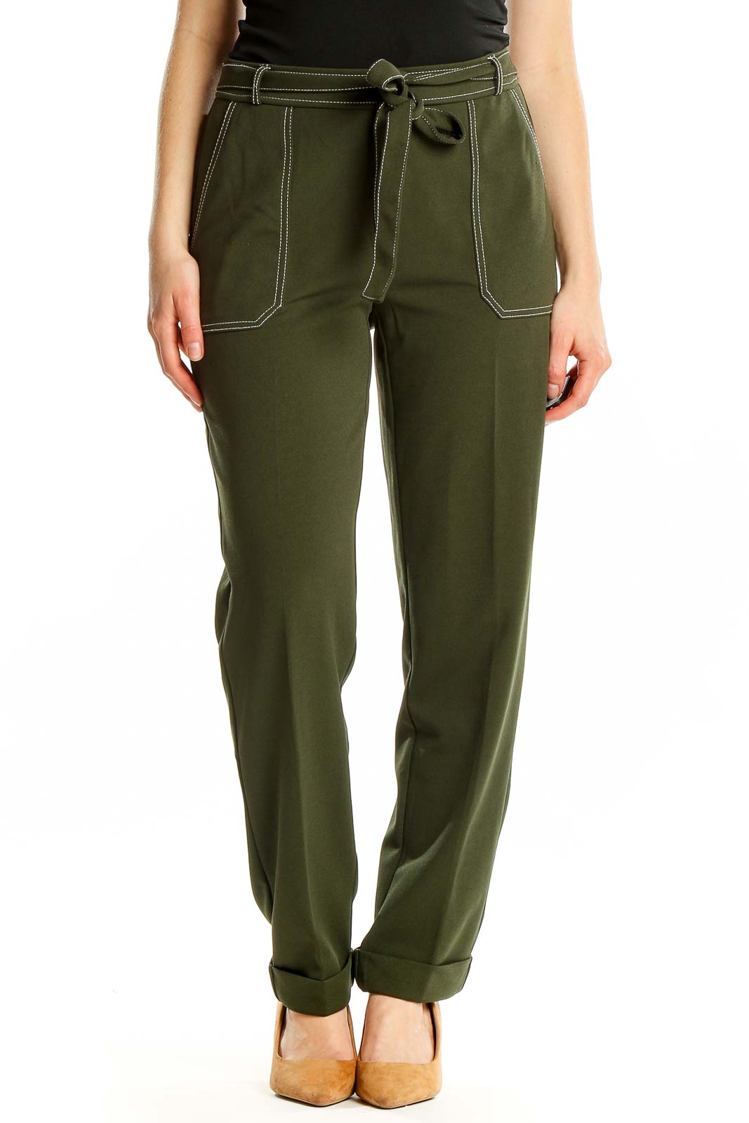 Green Contrast Stitch Tapered Pants Front