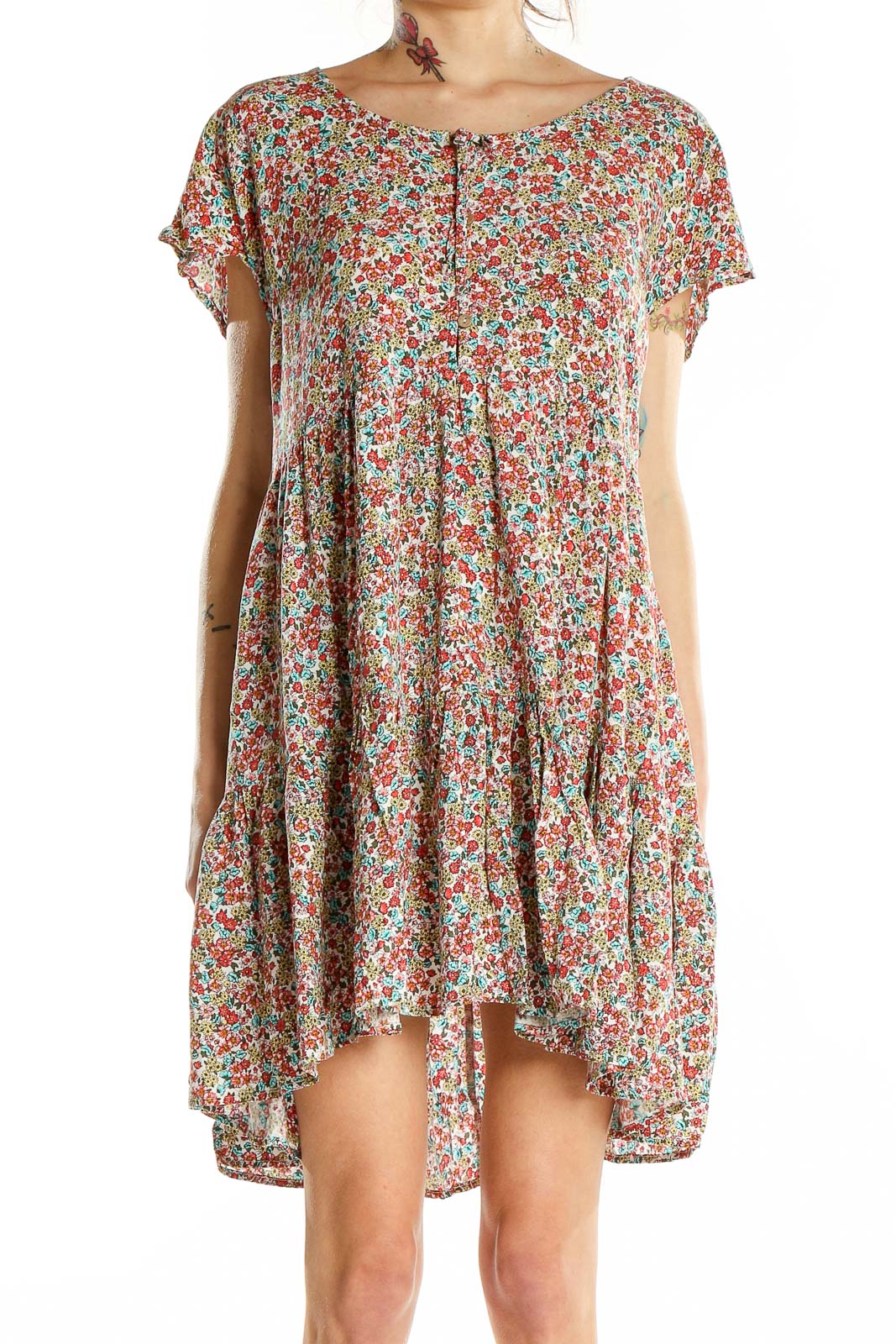 Beige Brown Holiday Bohemian Floral Dress Front