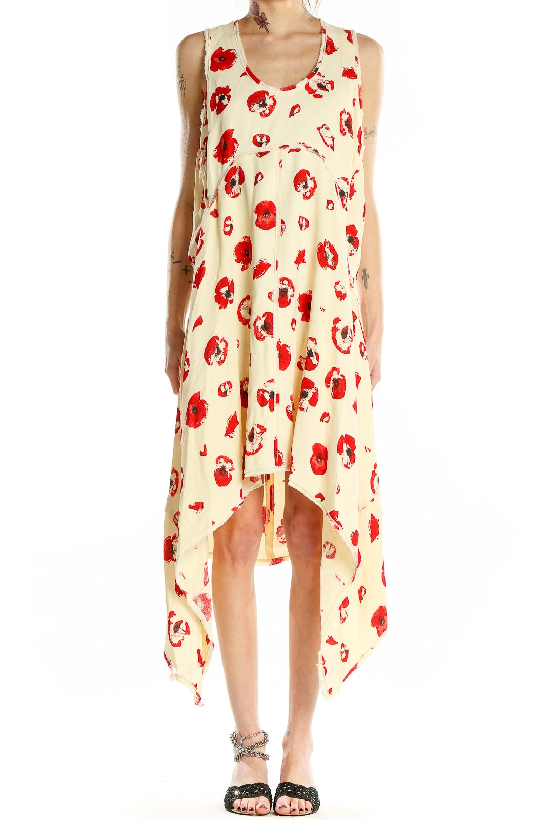 Red Cream Floral Print Sleeveless Dress Front