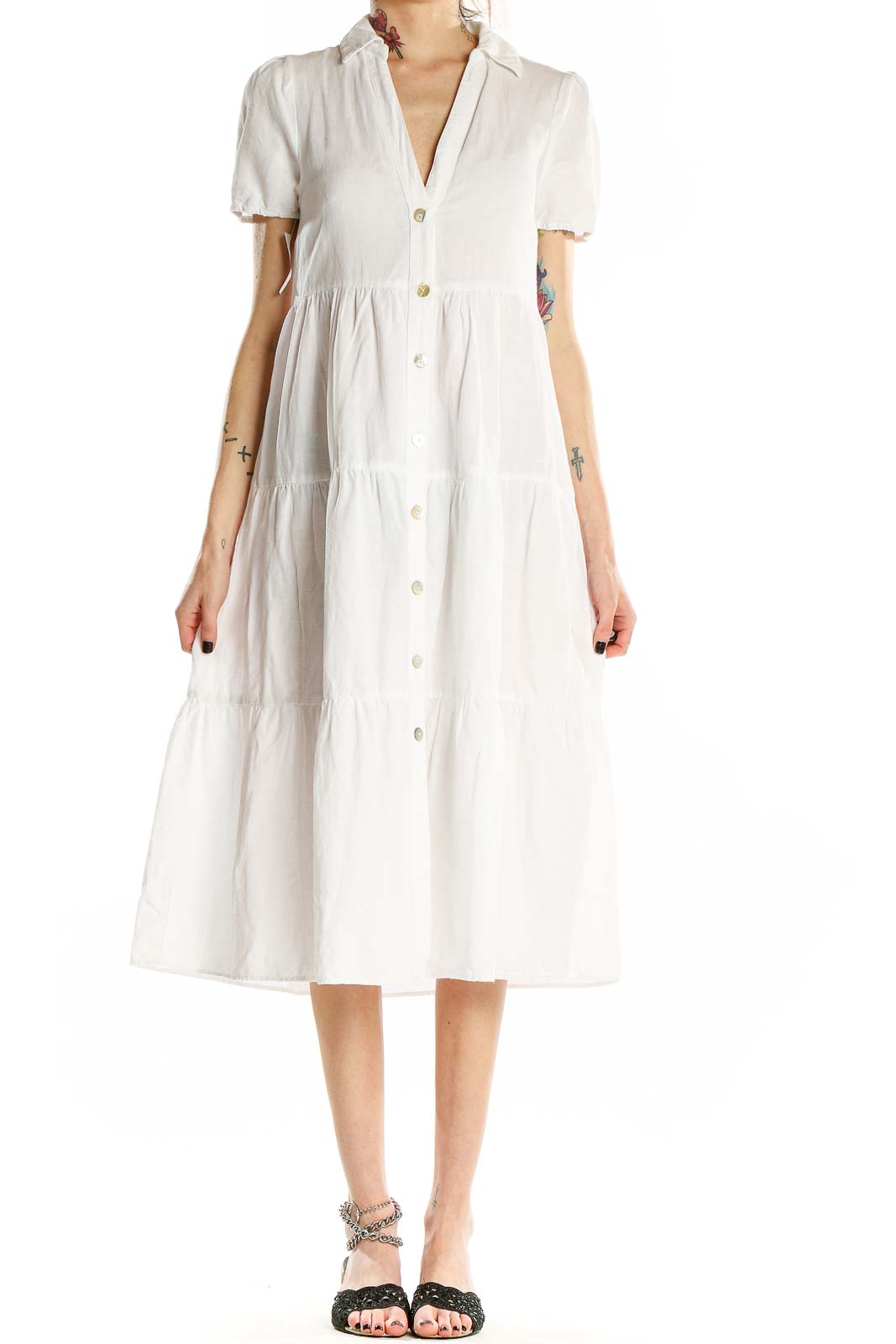 White Flare Short Sleeve Dress Front