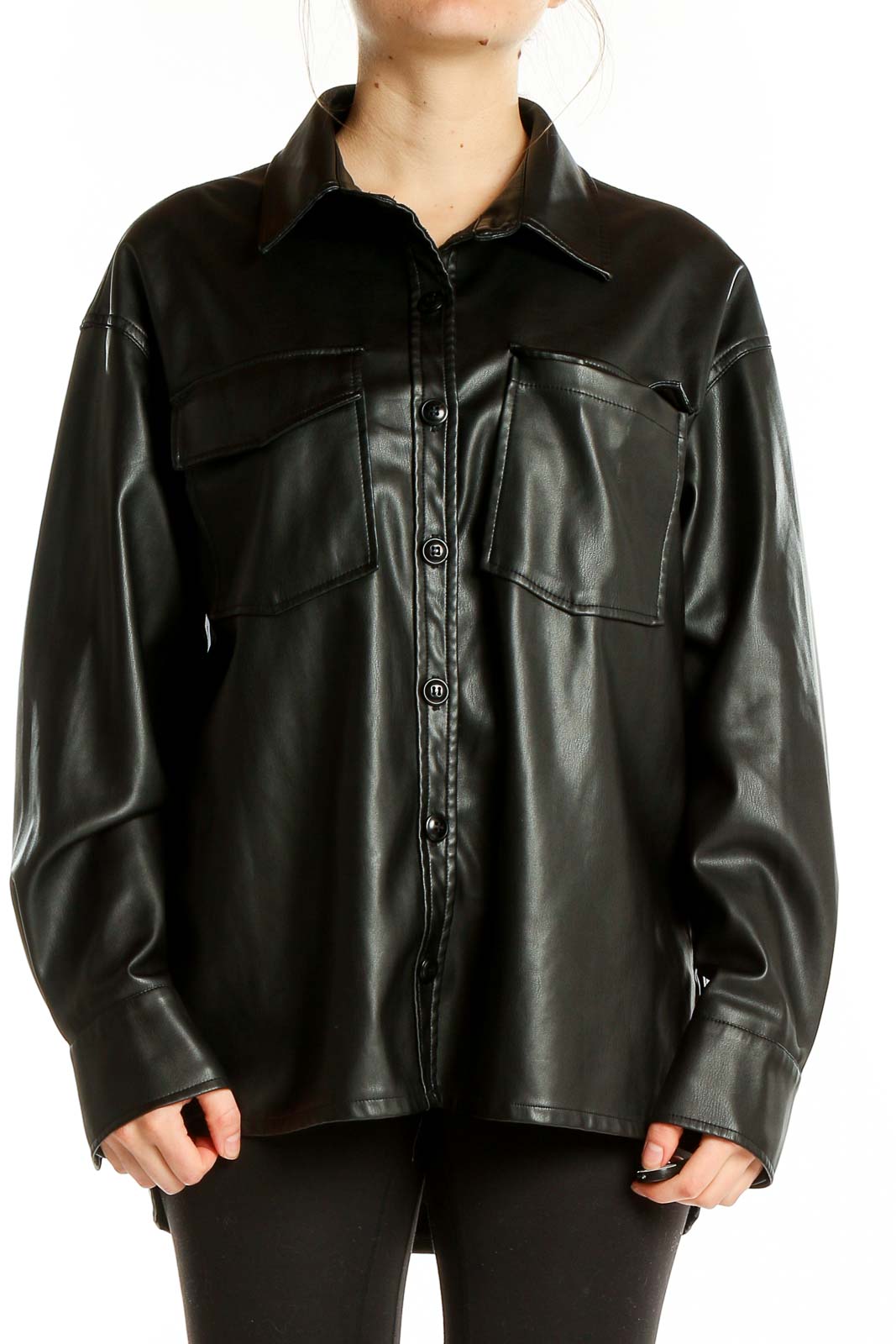 Black Faux - Leather Shacket  Front