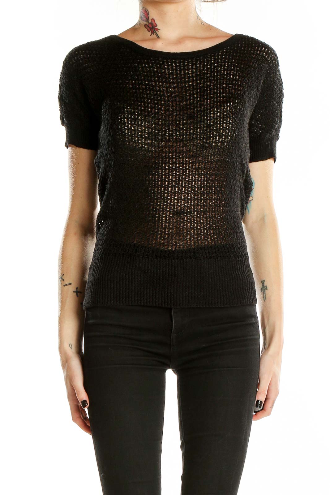 Black Short Sleeve Knit Sweater Front