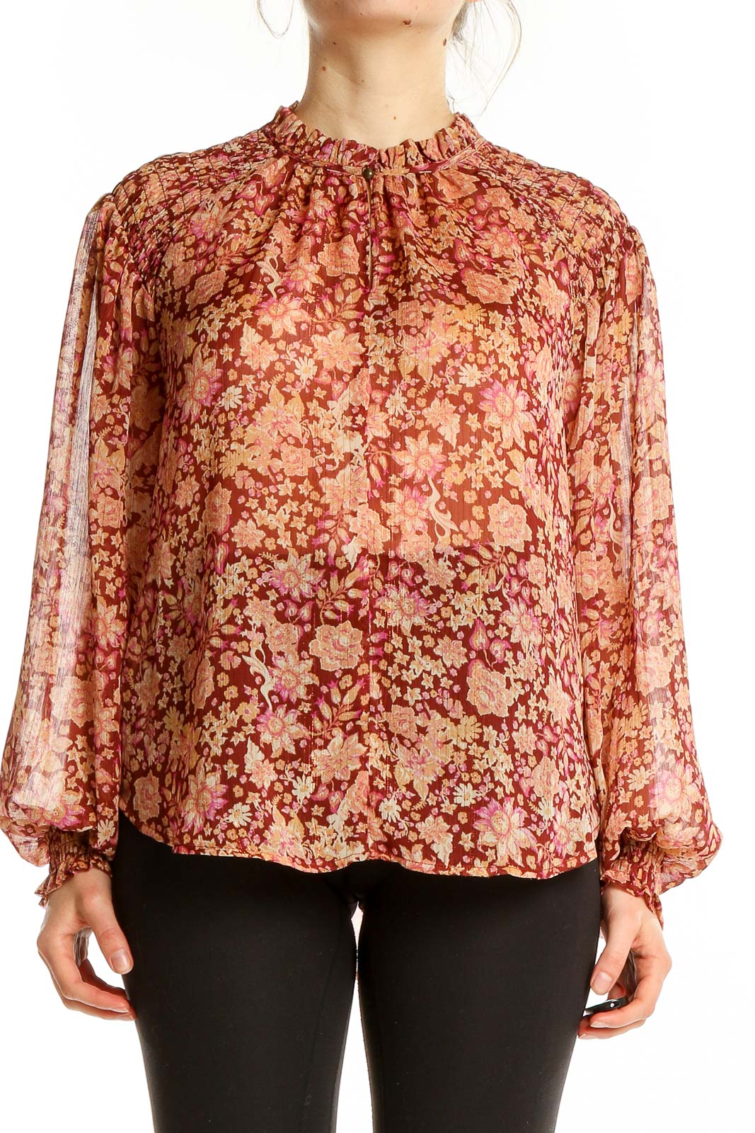 Red Gold Highneck Long Sleeve Printed Blouse Front