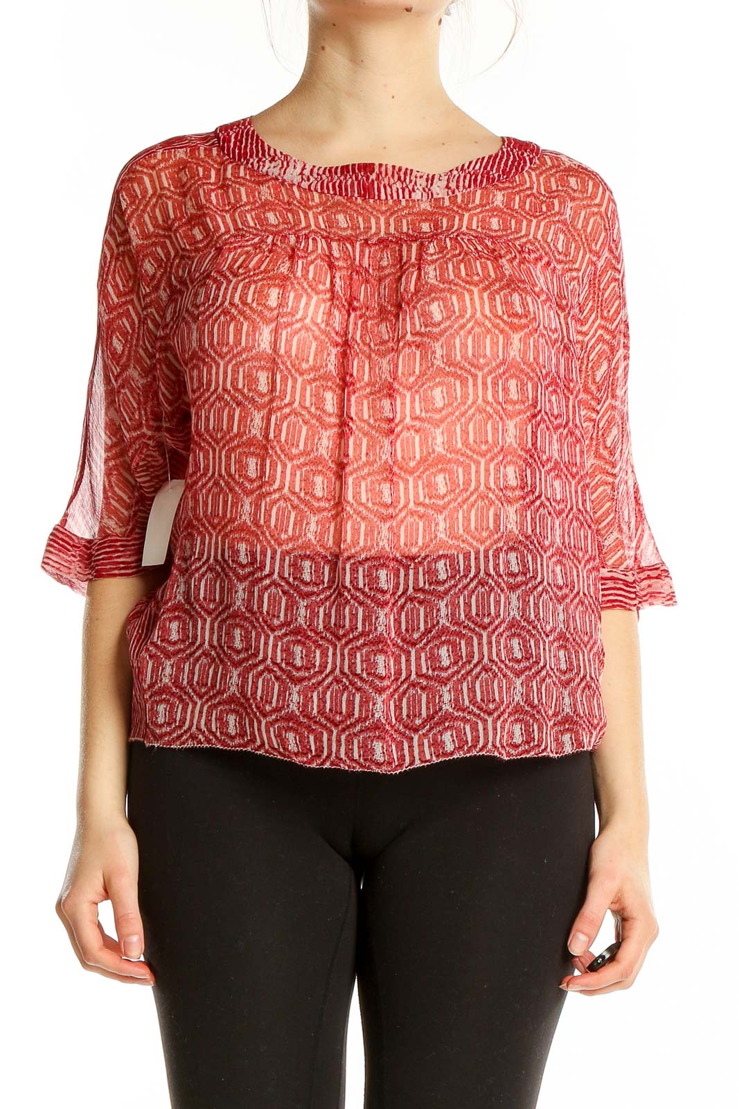 Red Silk Printed Sheer Blouse Front