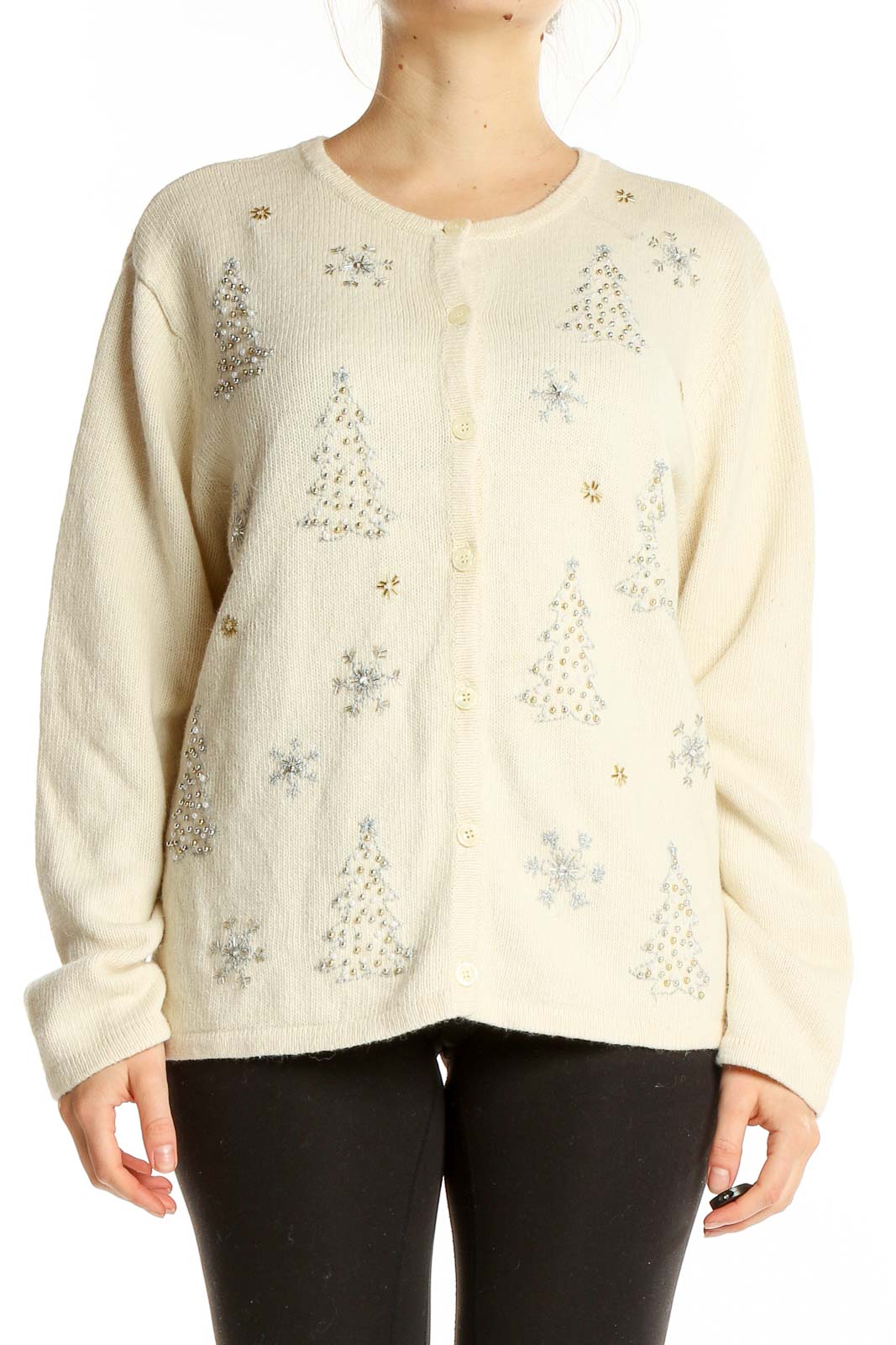 Cream Beaded Holiday Sweater Front