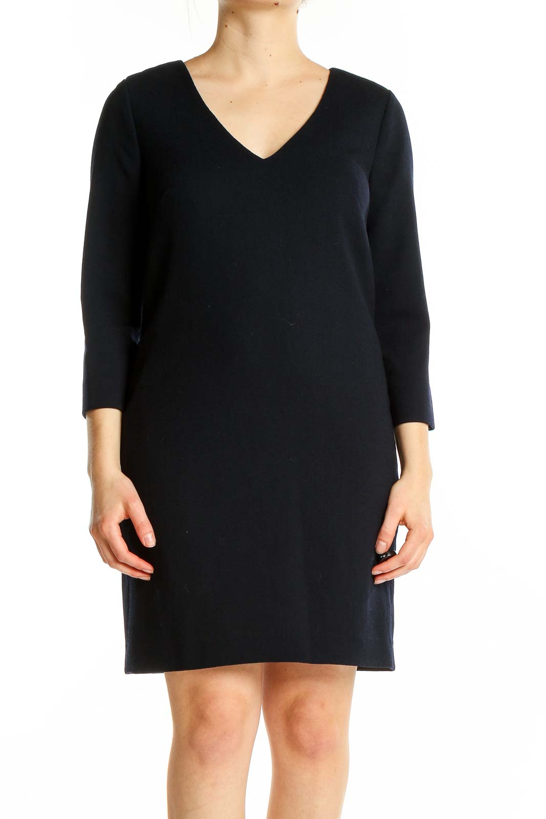 Navy 3-4th Sleeve Wool Shift Dress Front