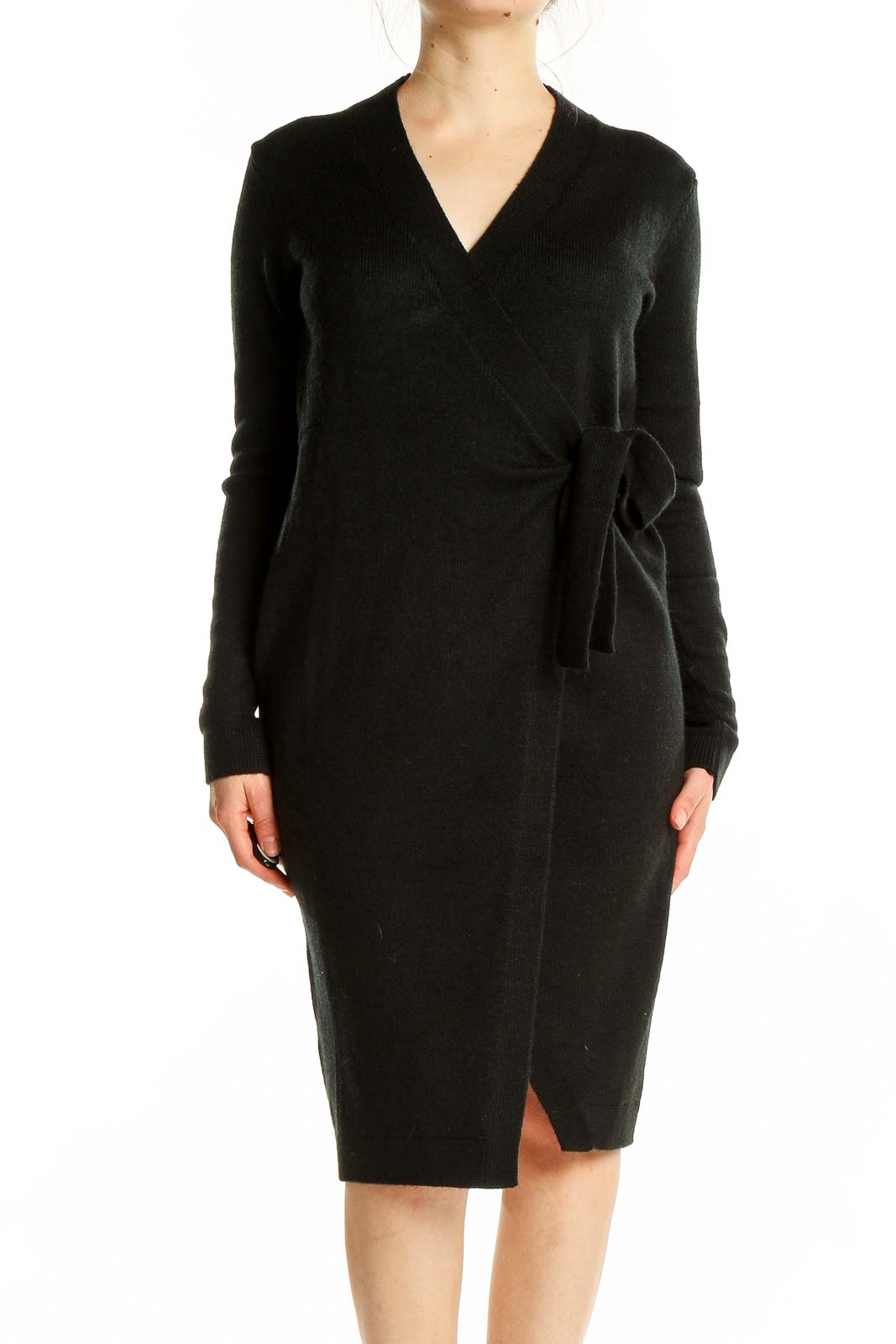 Black Long Sleeve Knit Wrap Dress Front