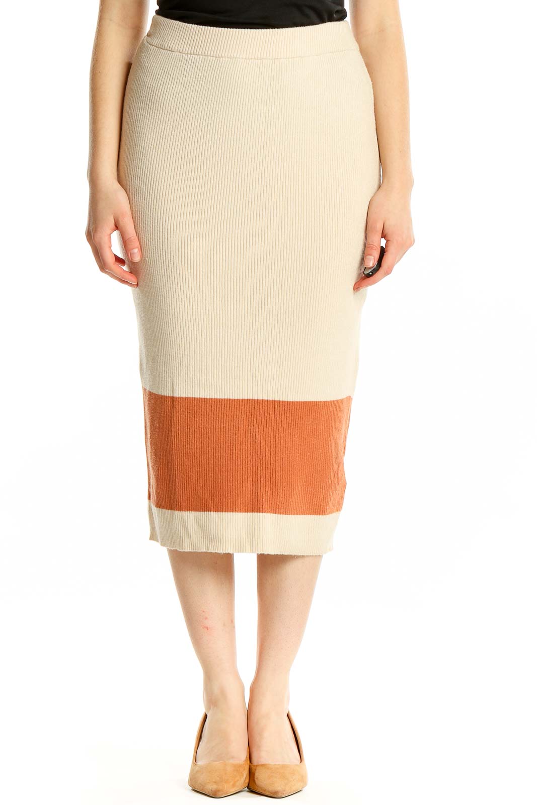 Beige Orange Knit Midi Skirt Front