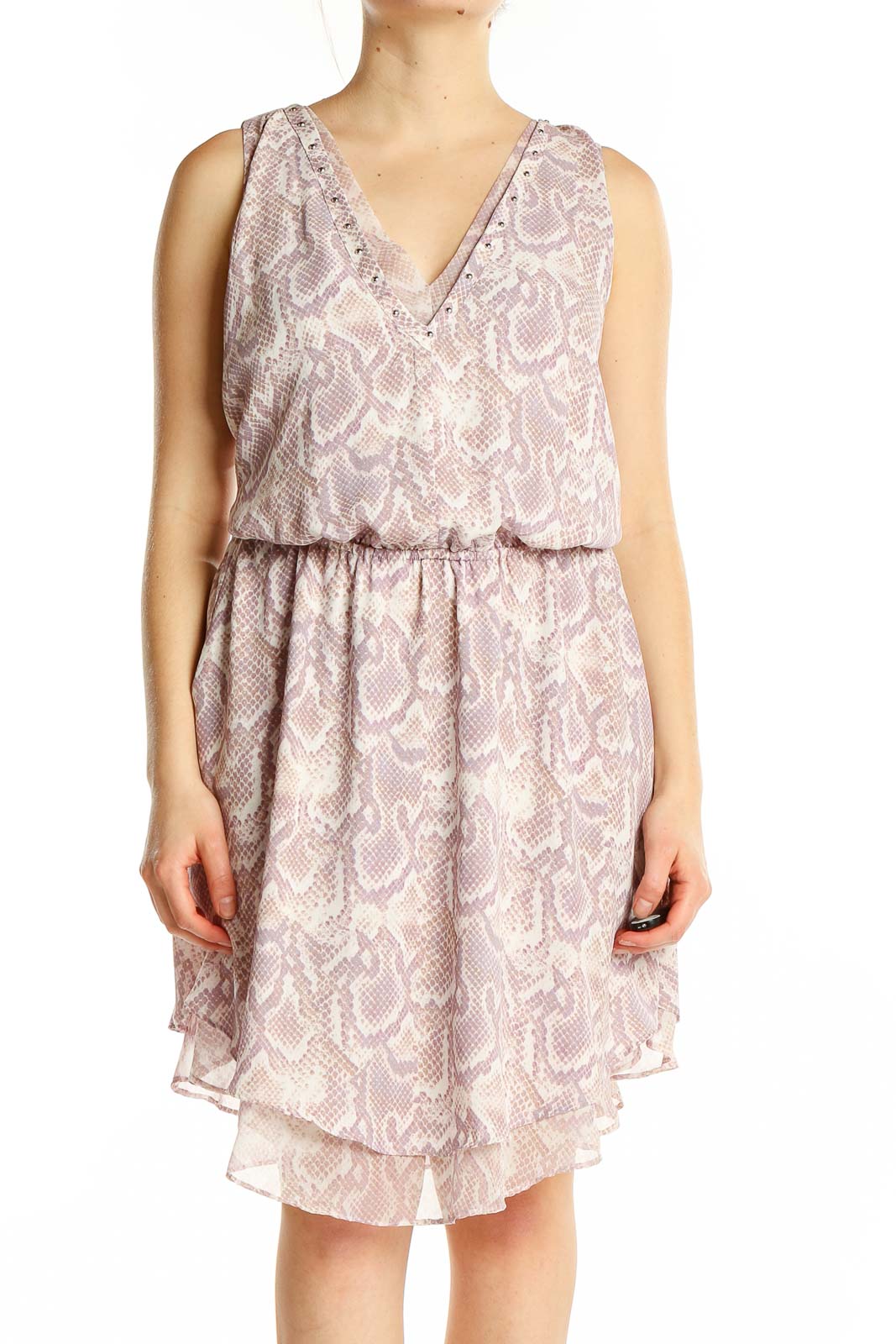 Pink White Printed Flare Dress Front