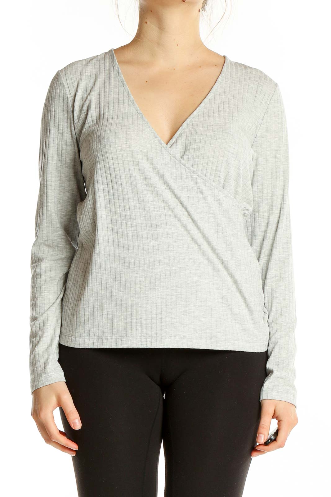 Gray V Neck Long Sleeve Wrap Top Front
