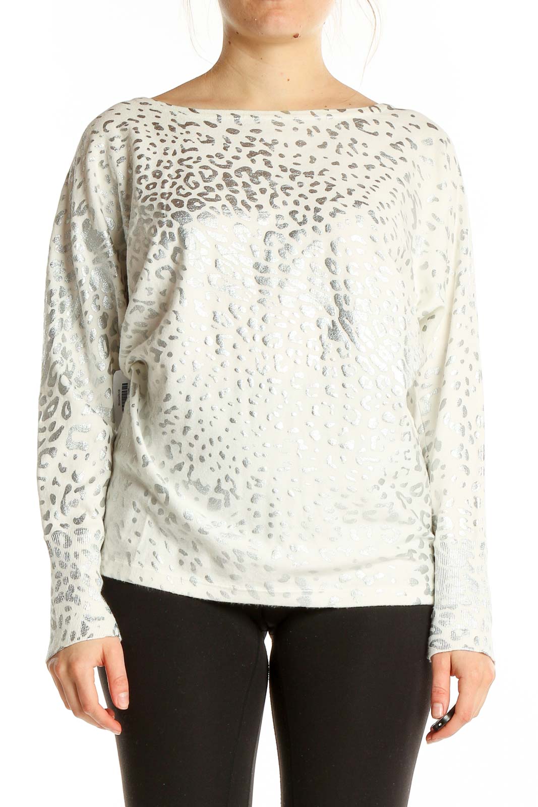 White Silver Long Sleeve Animal Print Sweater Front