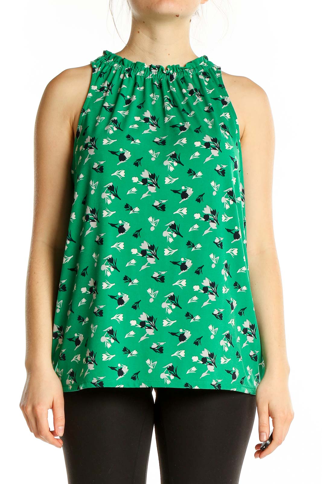 Green Sleeveless Floral Print Top Front