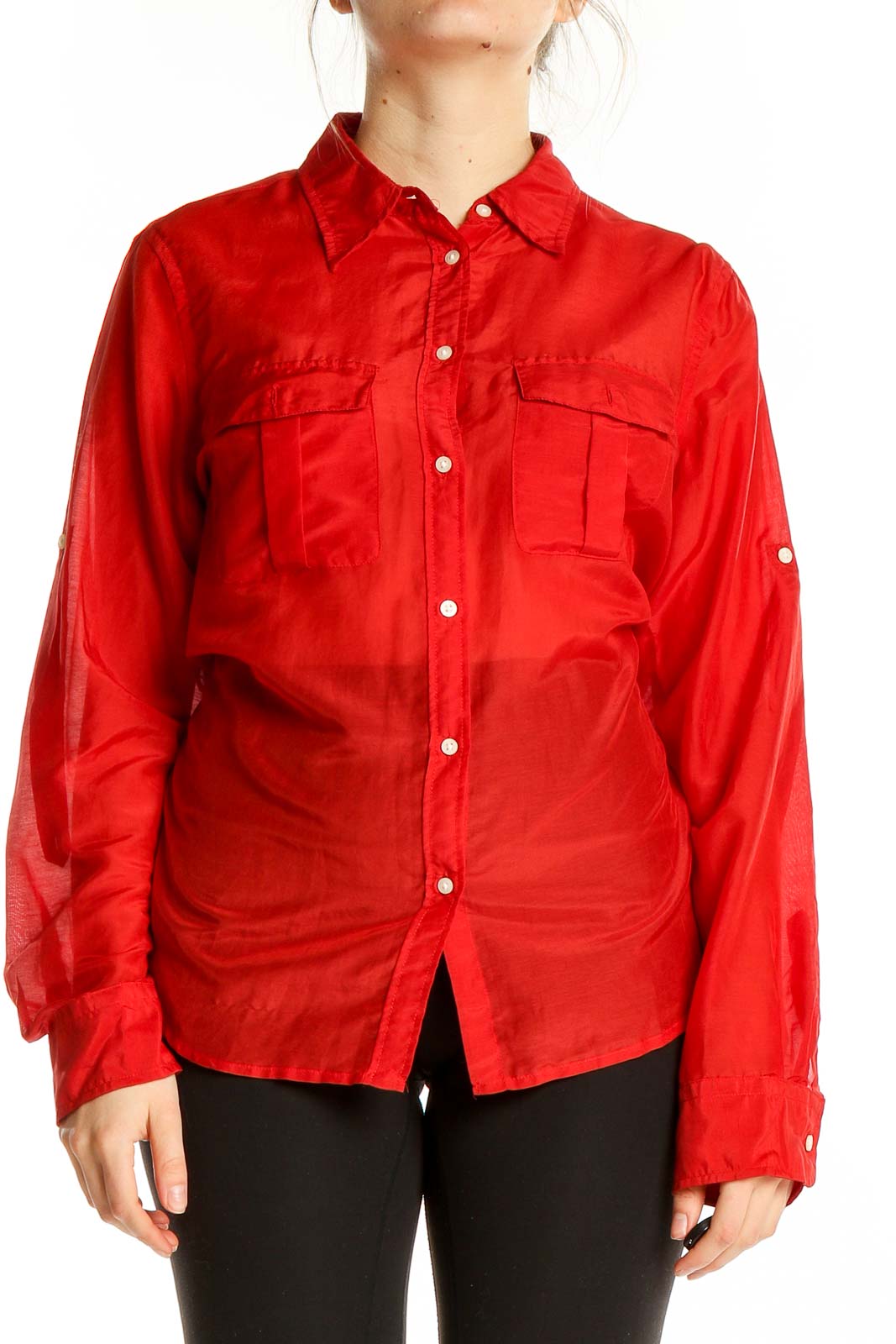 Red Collared Long Sleeve Cotton Silk Shirt Front