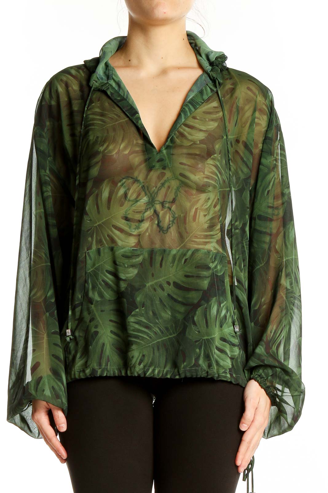 Green Print Transparent Hooded Top Front