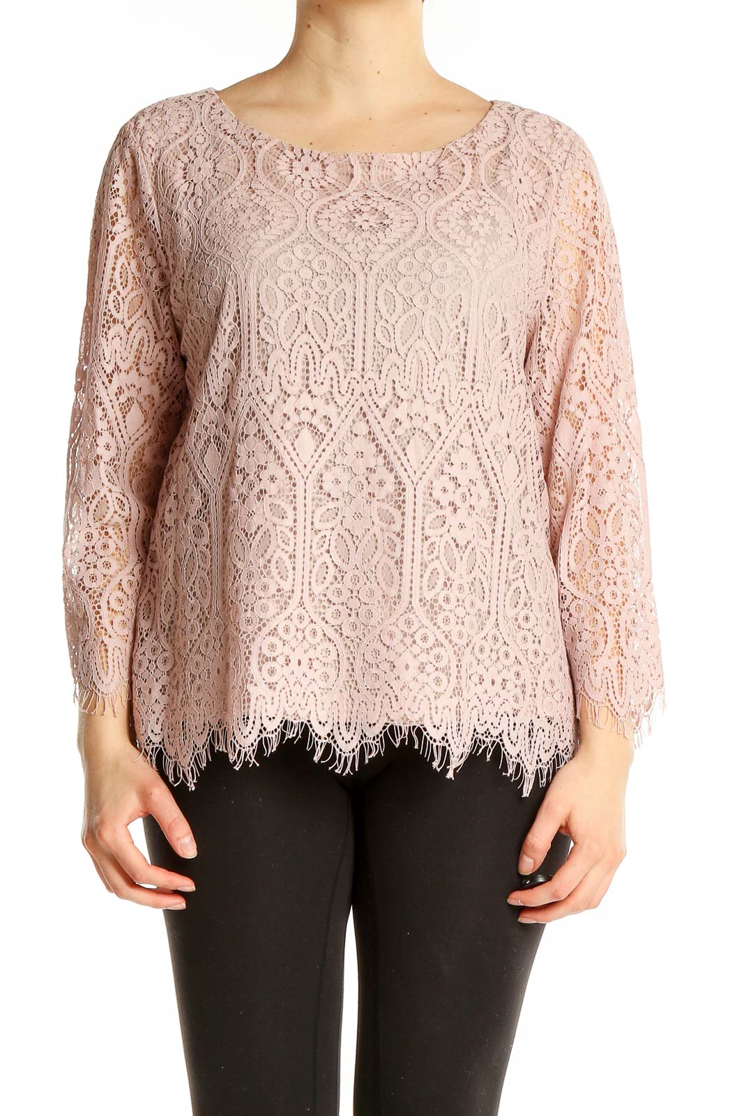 Pink 3-4th Sleeve Lace Top Front