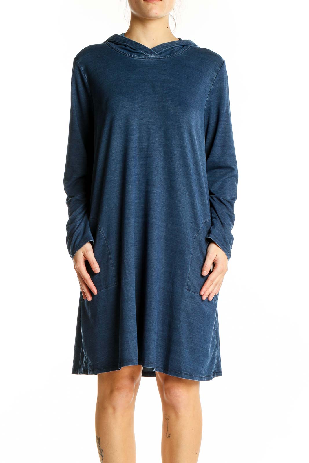 Blue Solid Denim Dress Front