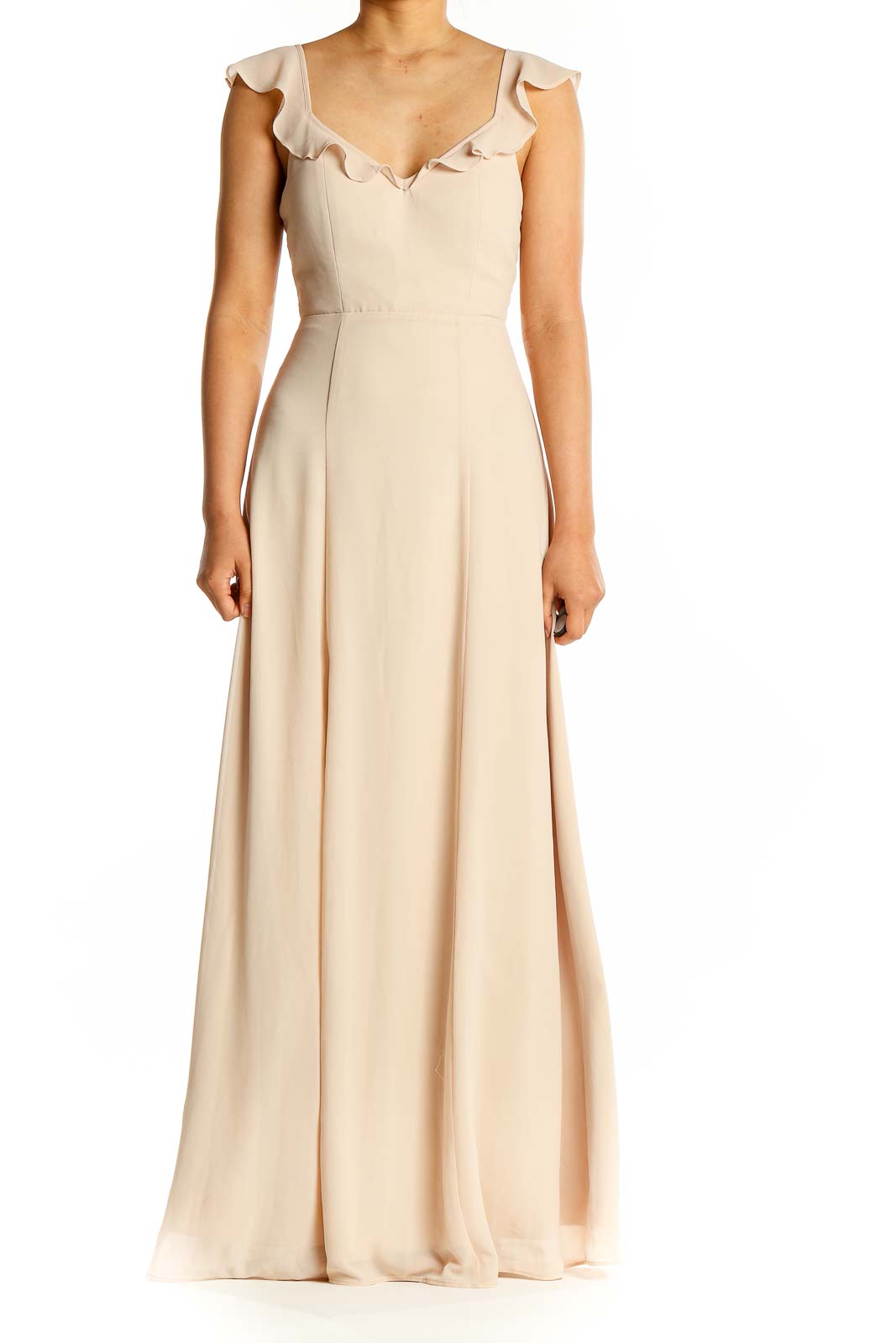 Beige Sleeveless Evening Gown Front