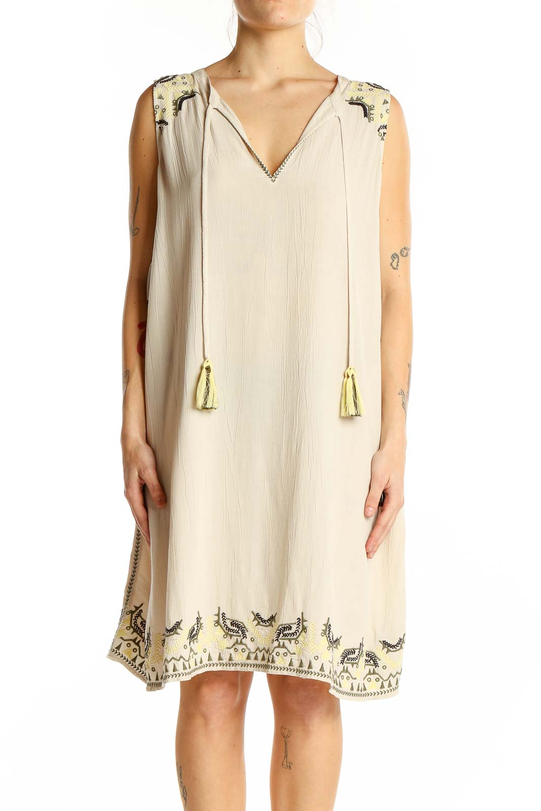 Beige Holiday Classic Solid Dress Front