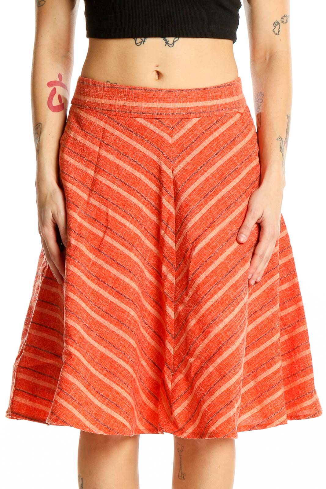 Orange Stripe Flared Skirt Front