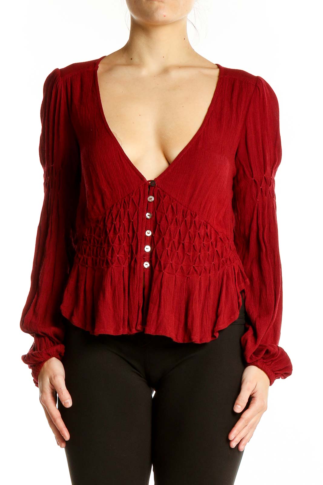 Red V Neck Retro Top Front