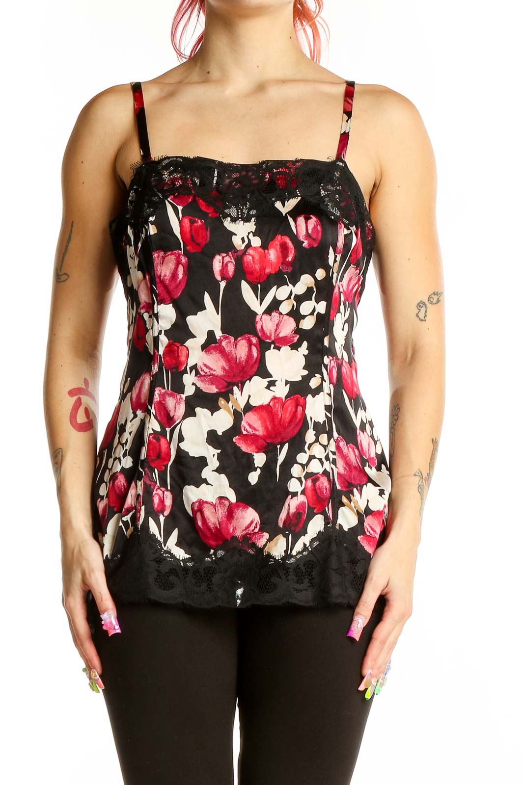 Black Red Cami Floral Top Front