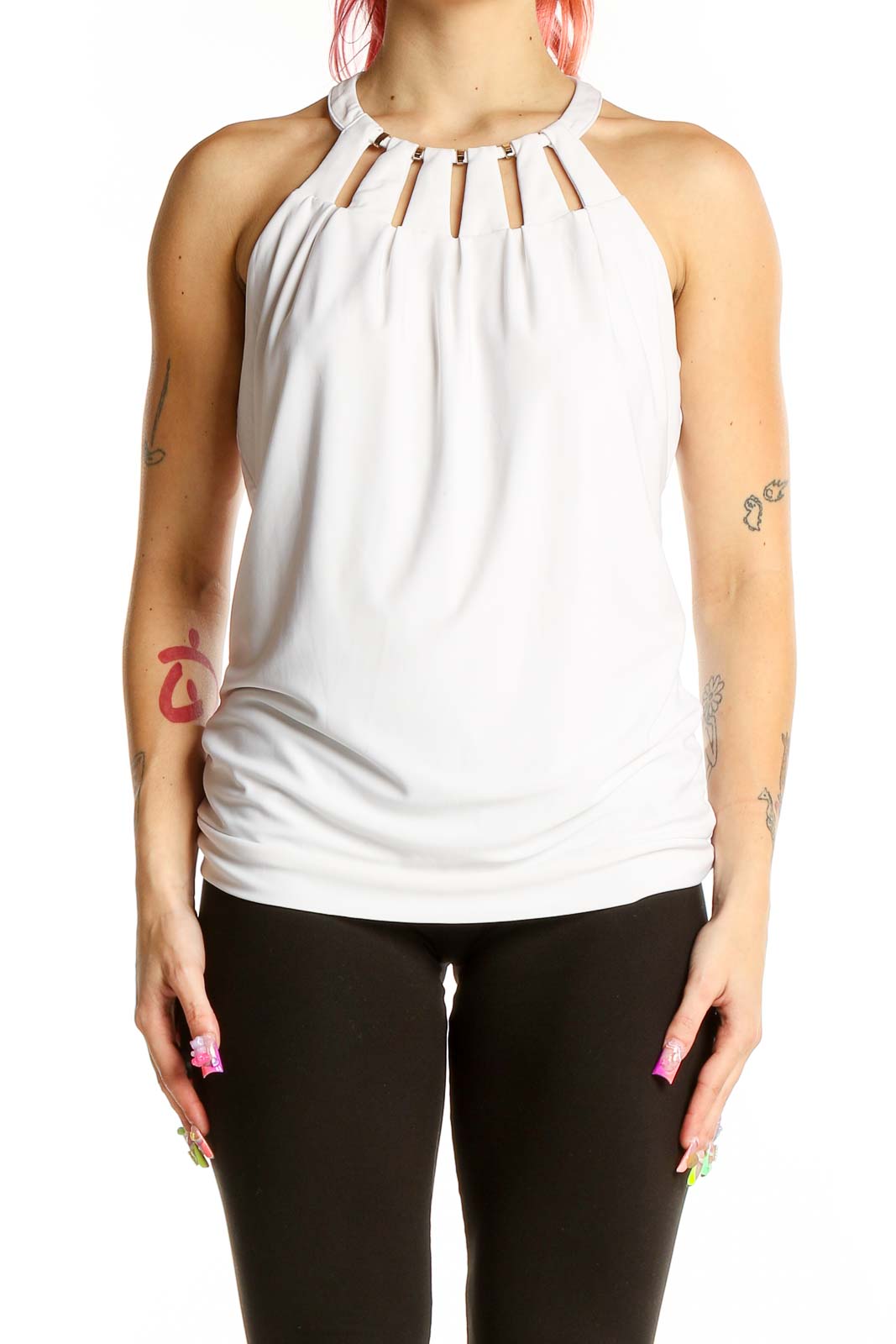 White Solid Halter Top Front