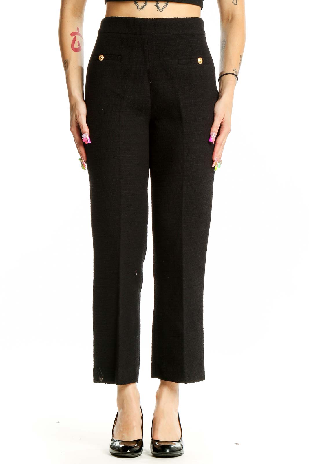 Black Straight Solid Pants Front