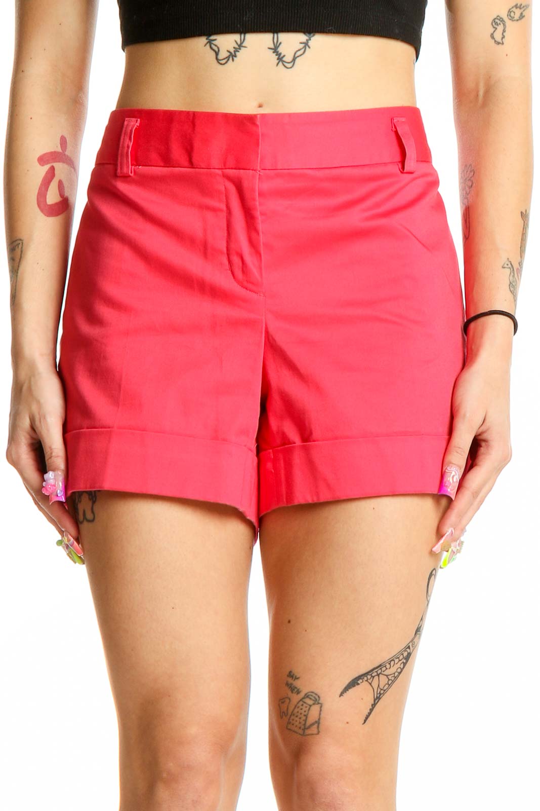 Pink Solid Non-denim Shorts Front