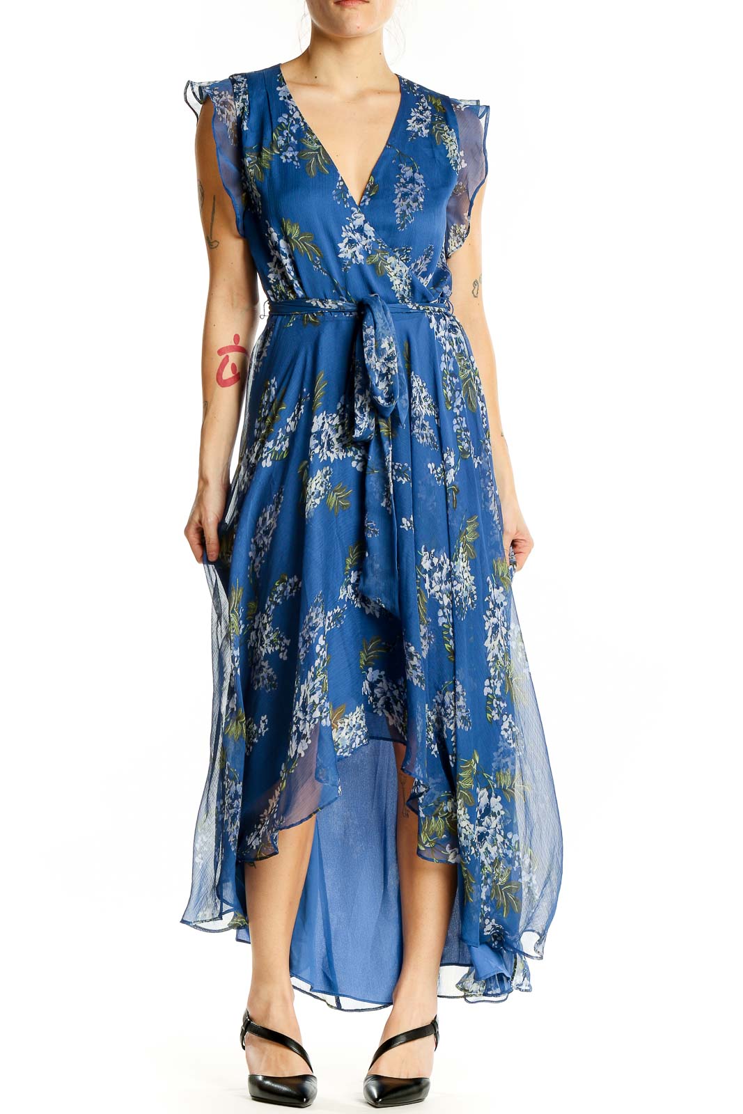 Blue Bohemian Floral Wrap Dress Front