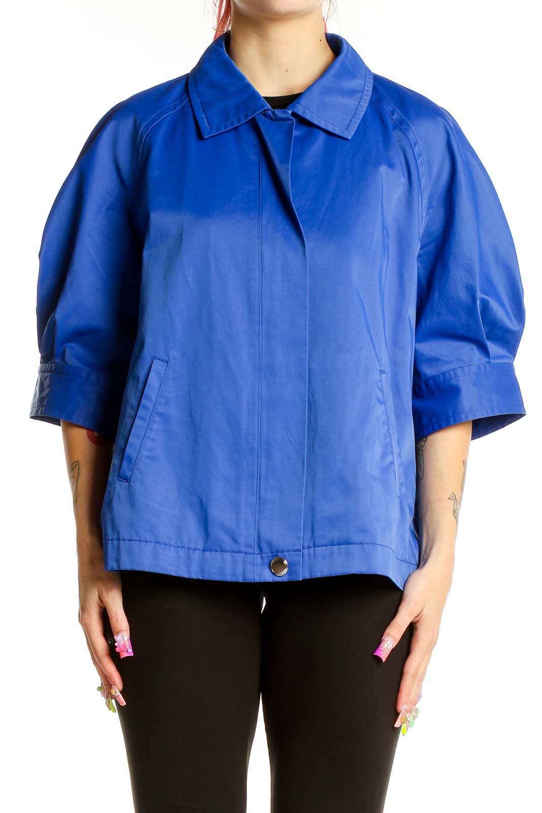 Blue Tie Neck Solid Shirt Top Front