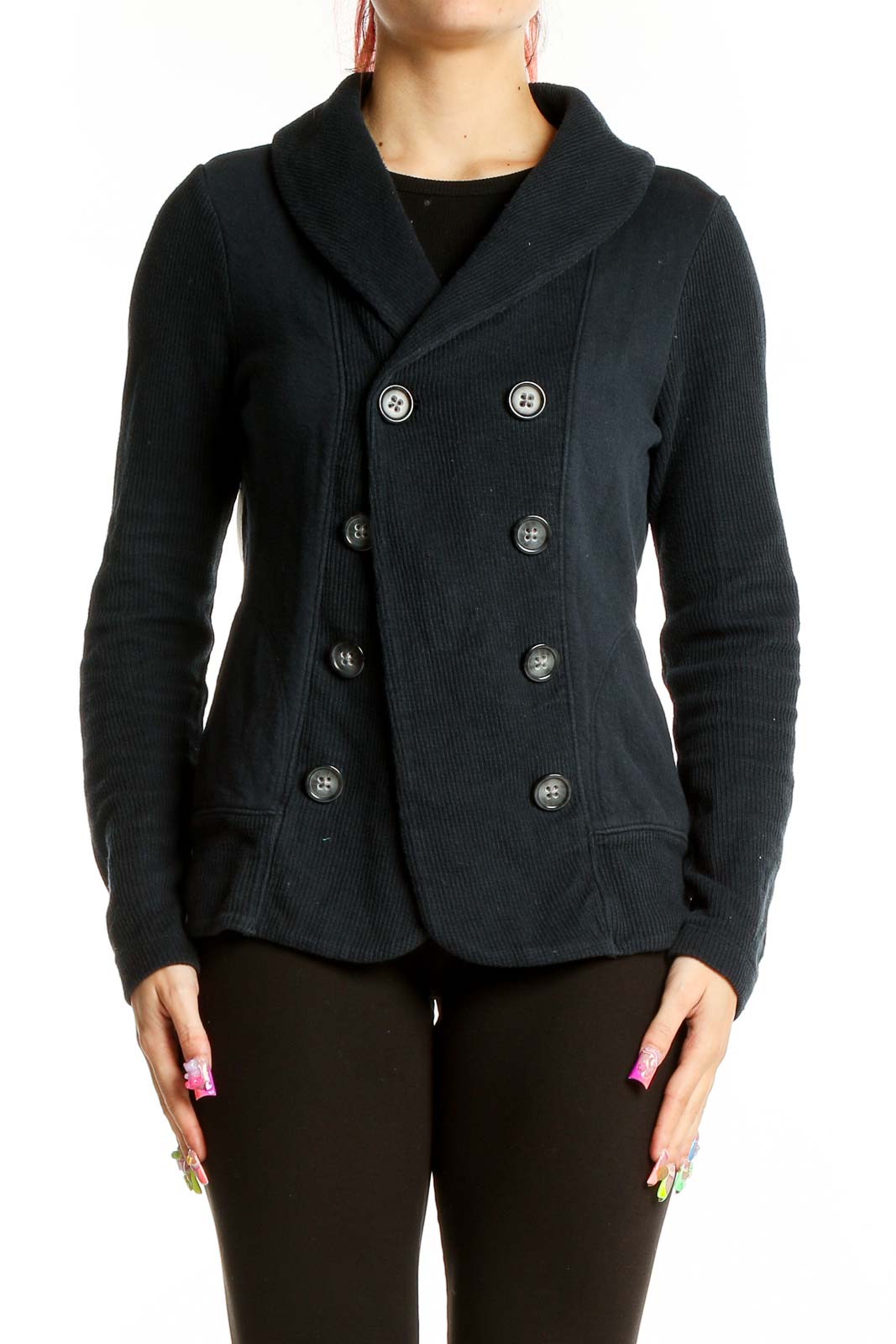Black Double Breast Cardigan Front