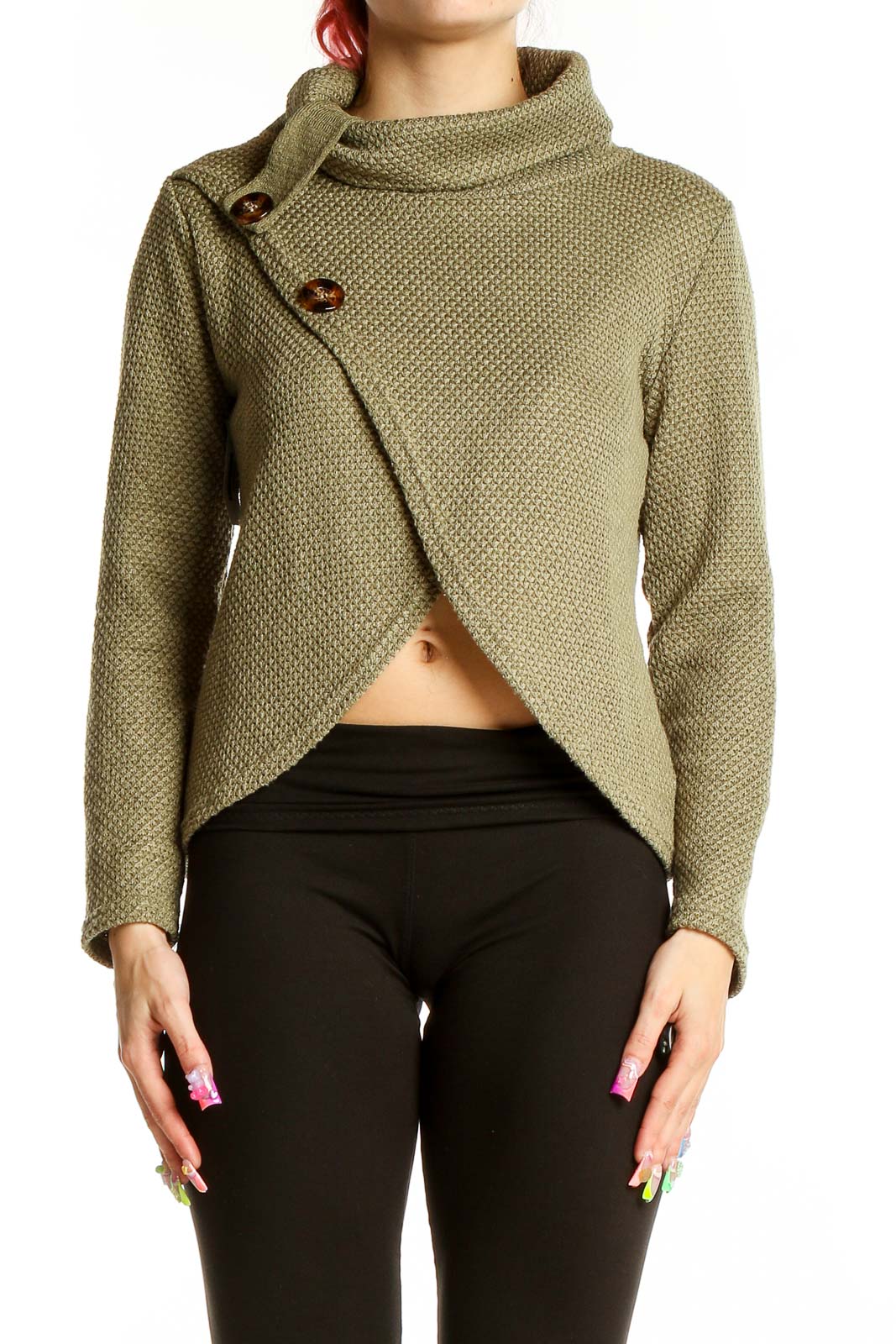 Green Turtle Neck Texture Sweater Front