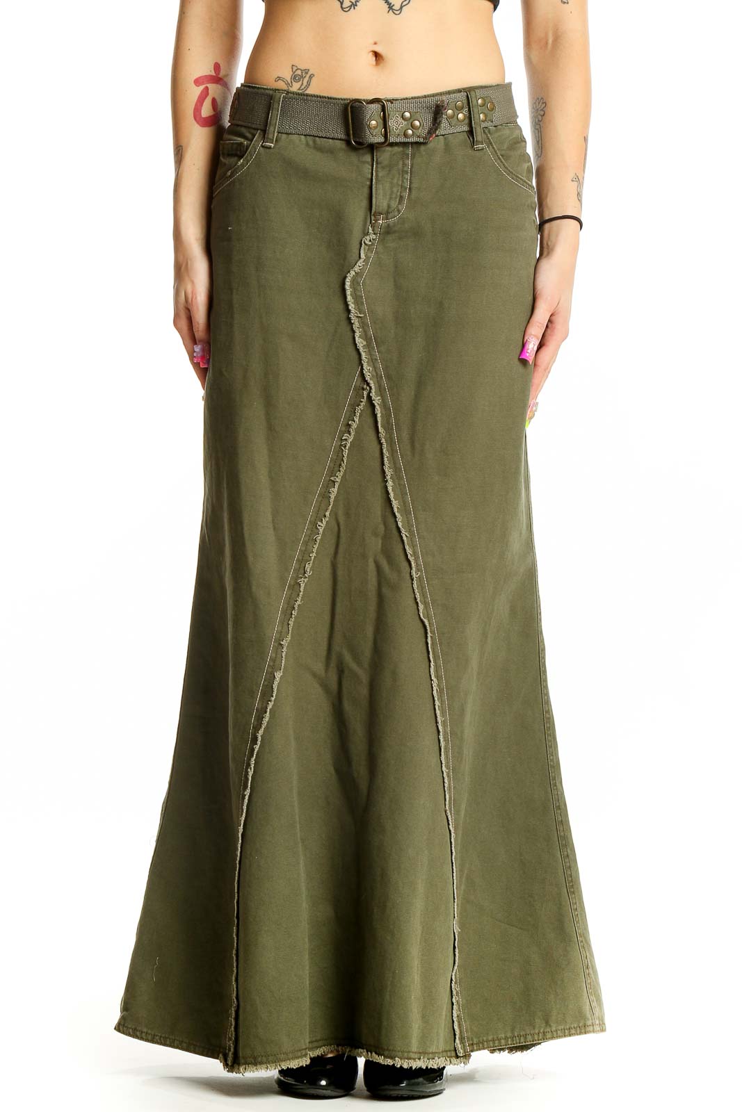 Green Solid Maxi Skirt Front