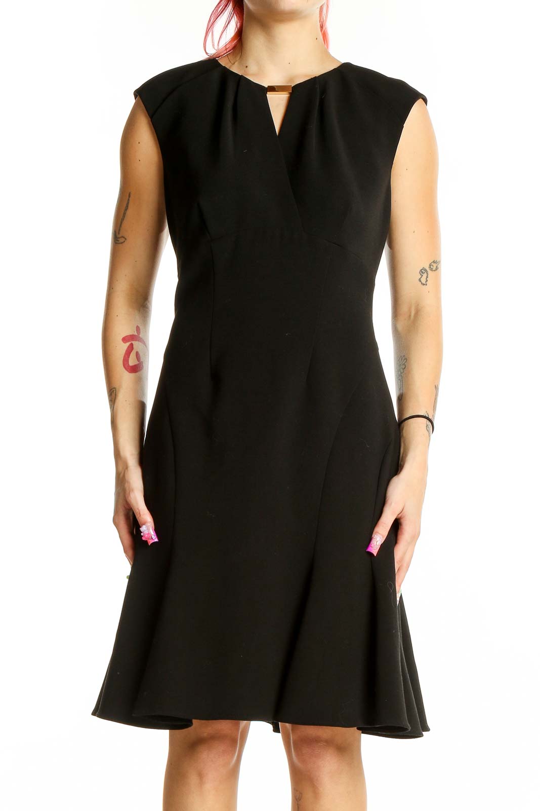 Black Classic Solid Keyhole Dress Front