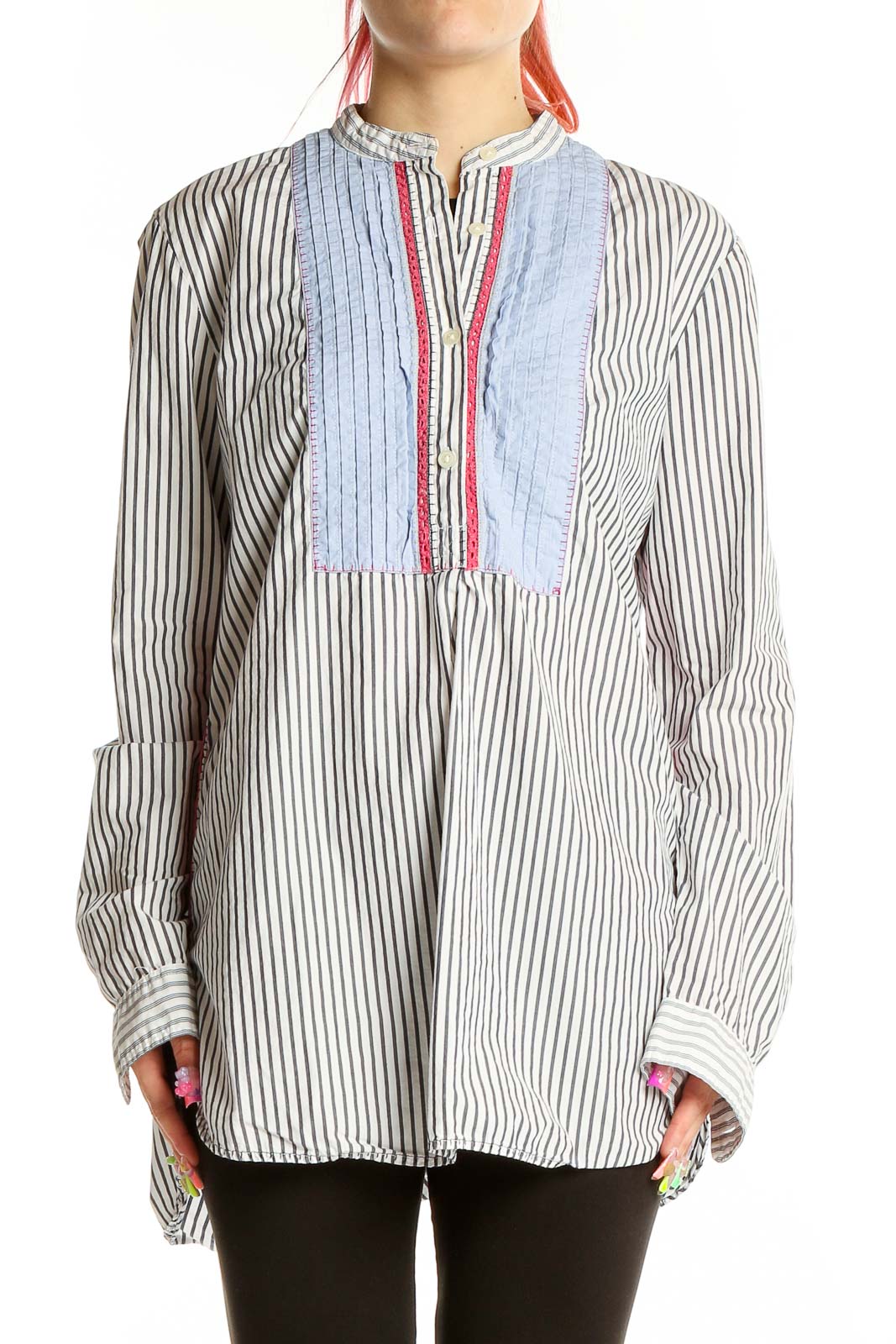 White Long Sleeve Pin Stripe Top Front