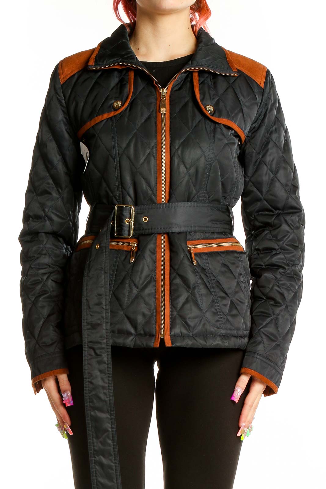 Black Quilted Belted Jacket Front