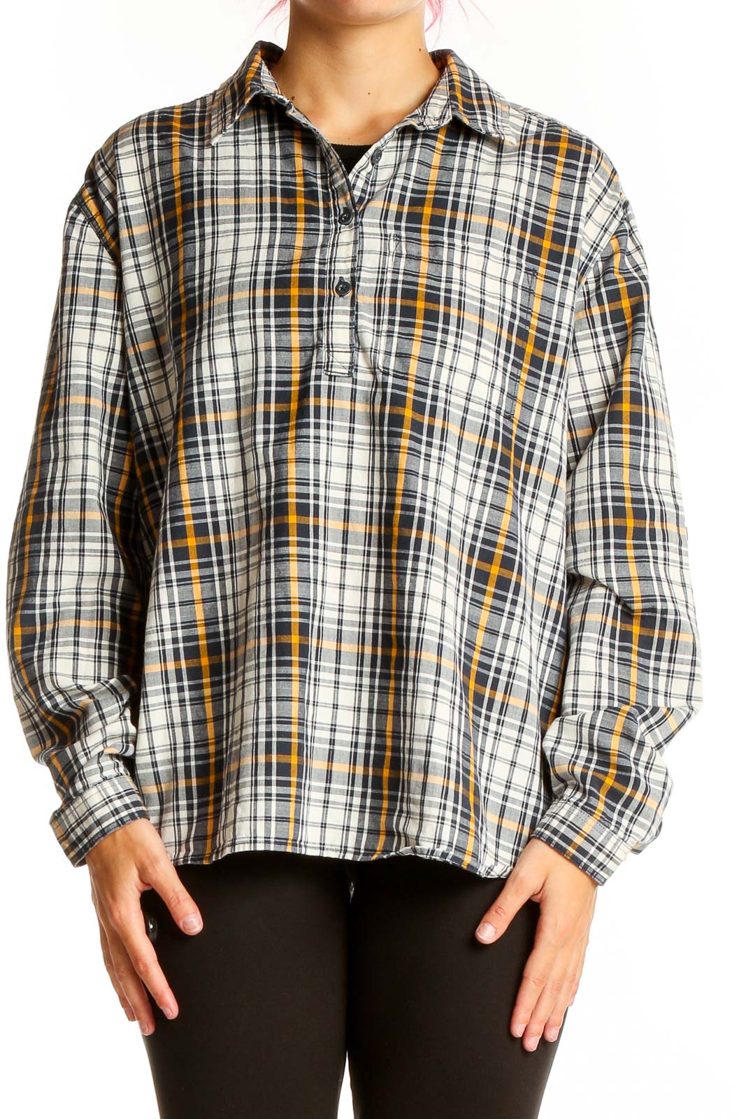 White and Yellow Plaid Cotton Shirt Front