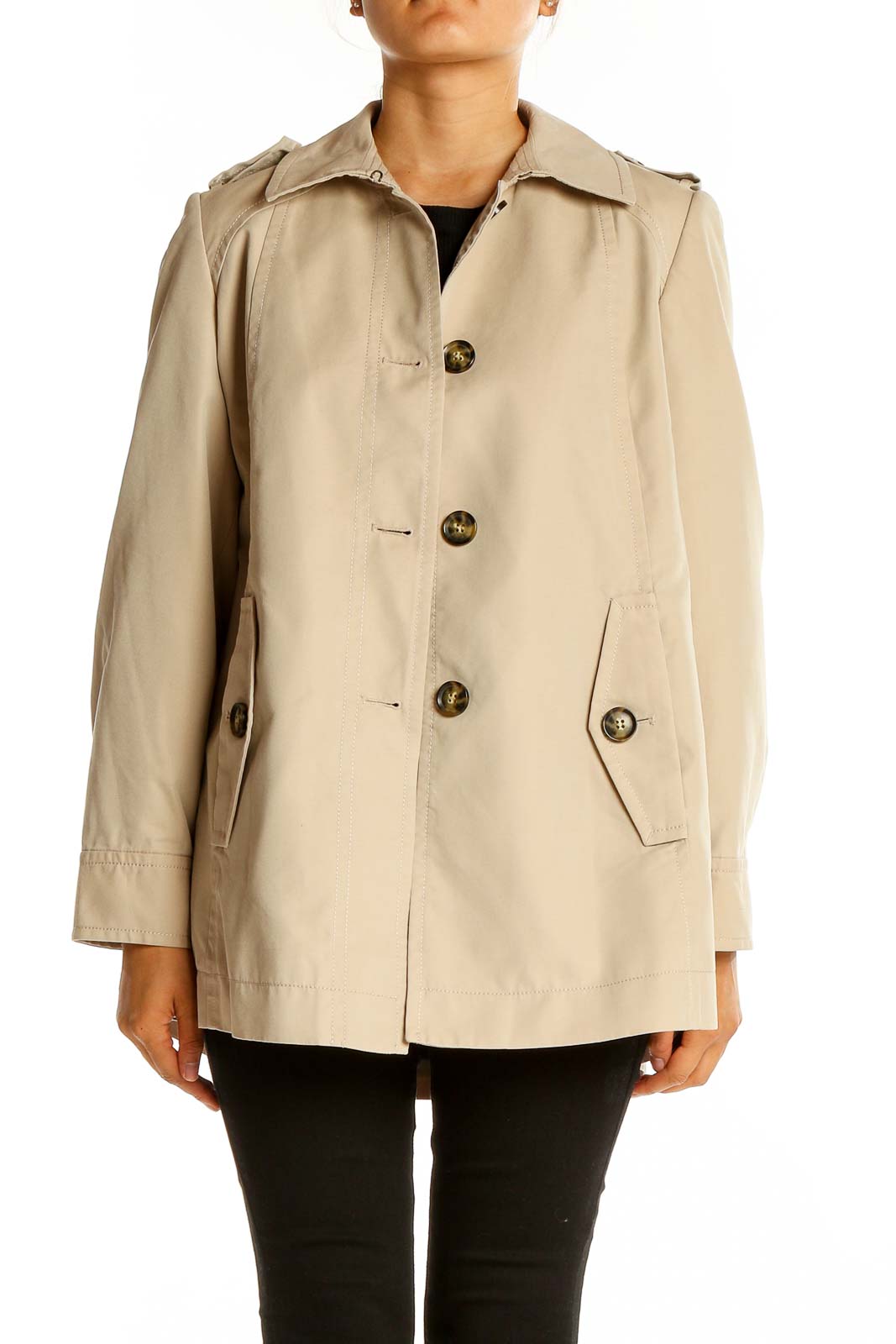 Neutral Button Up Trench Coat Front