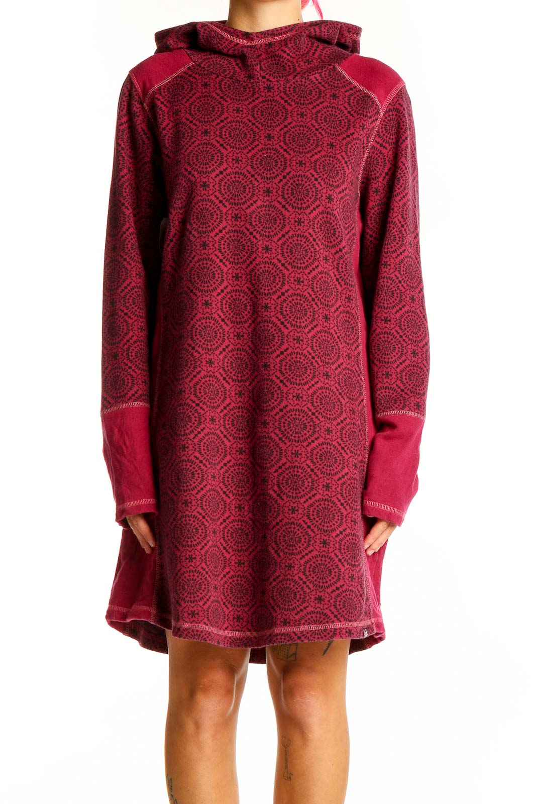 Red Hooded Print Dress Front
