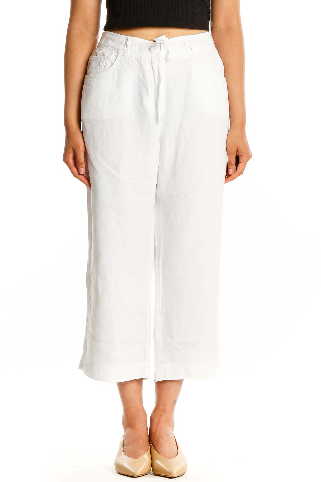 White Drawstring Casual All Day Pants Front
