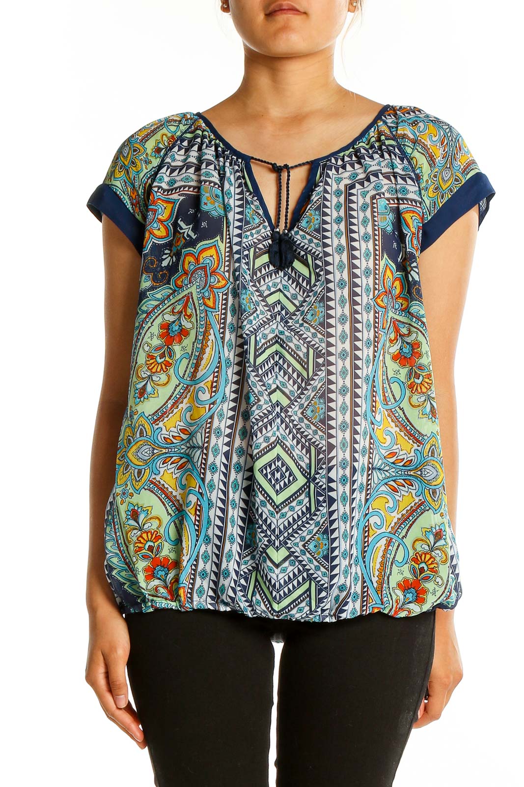 White Blue Ethnic Print Keyhole Top Front