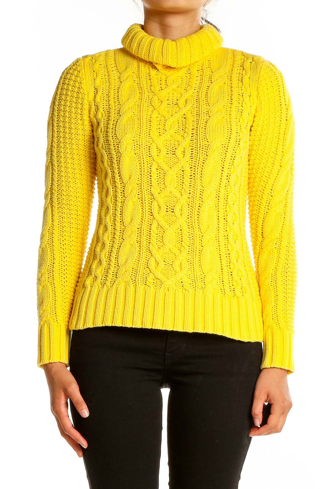 Yellow High Neck Cable Knit Sweater Front