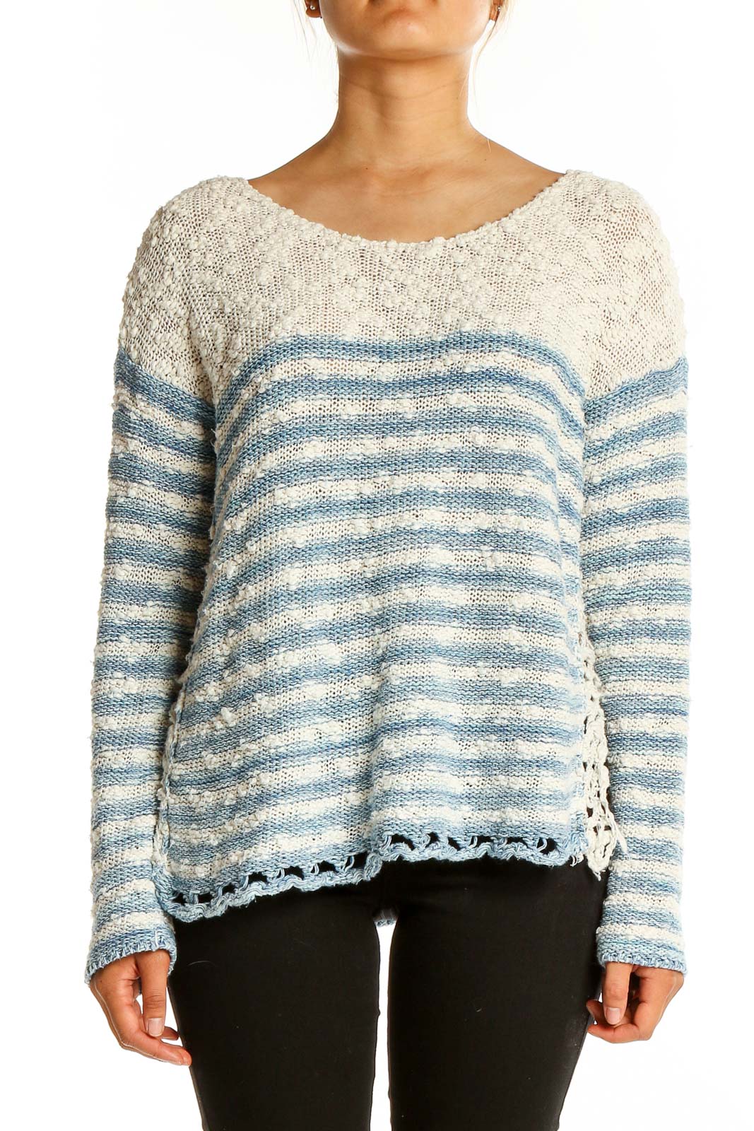 Beige Blue Candy Stripes Sweater Front