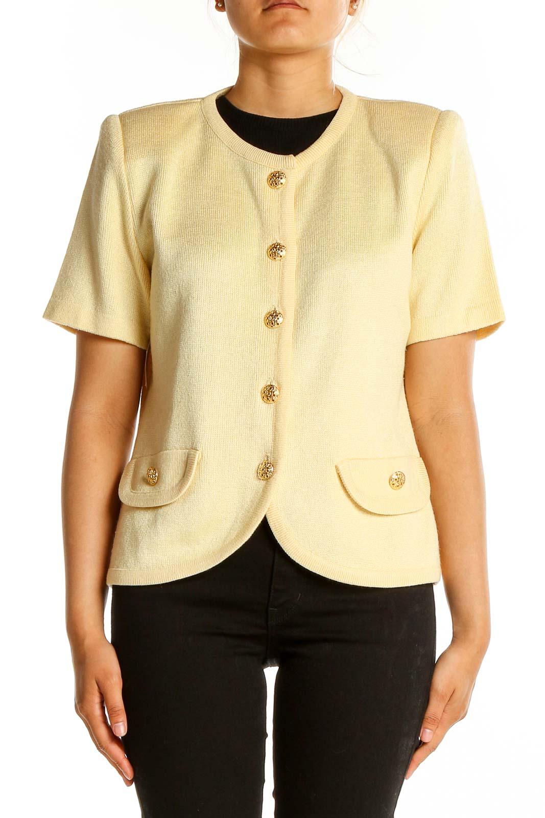 Yellow Short Sleeve Knit Button Up Jacket Front