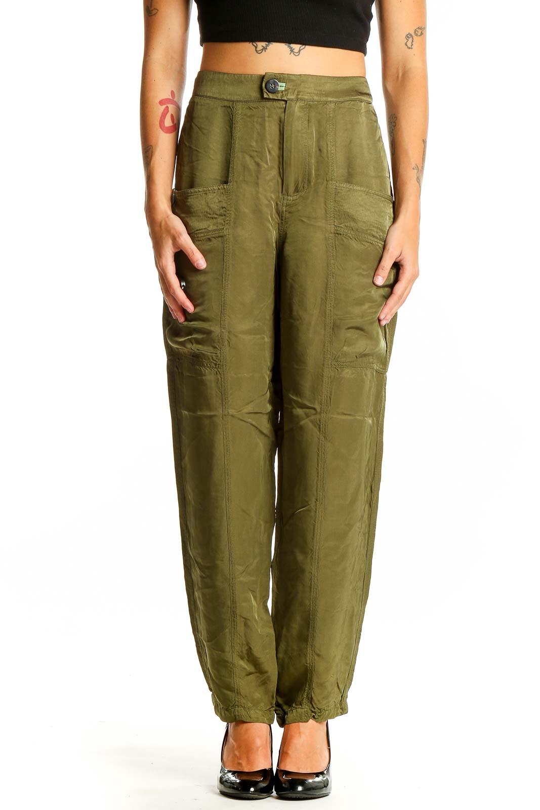 Green Tapered Satin Pants Front