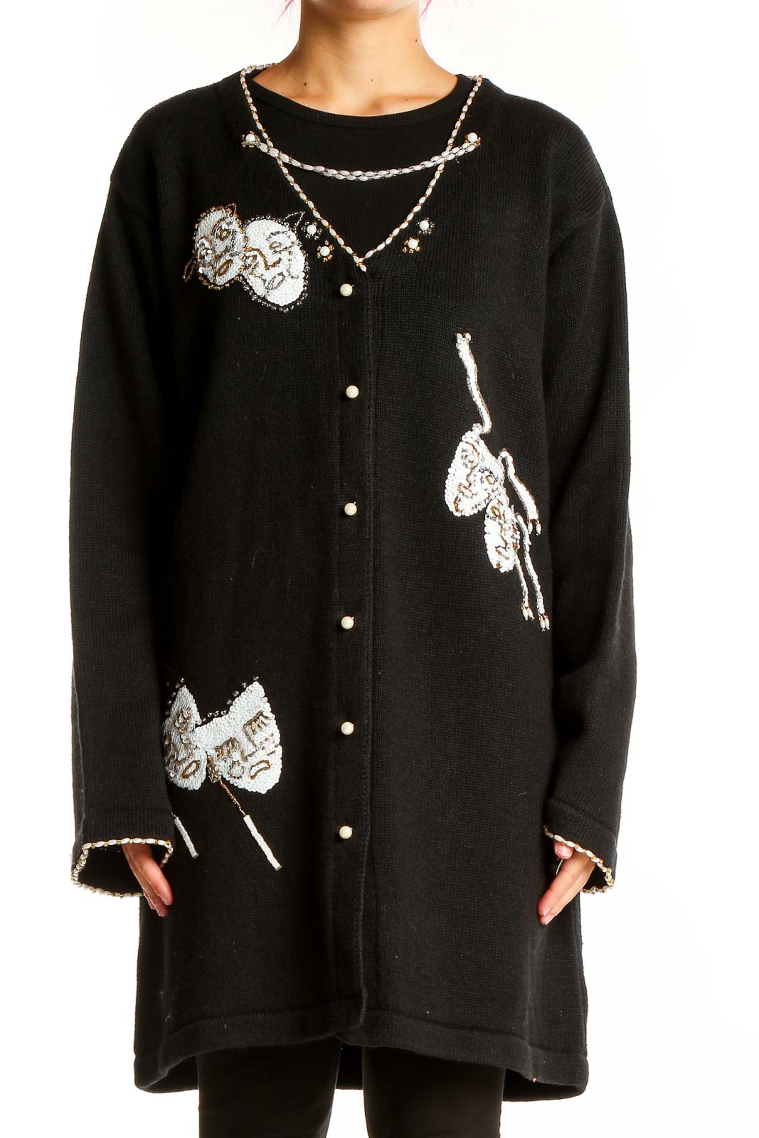 Black Knit Embroidery Cardigan Front