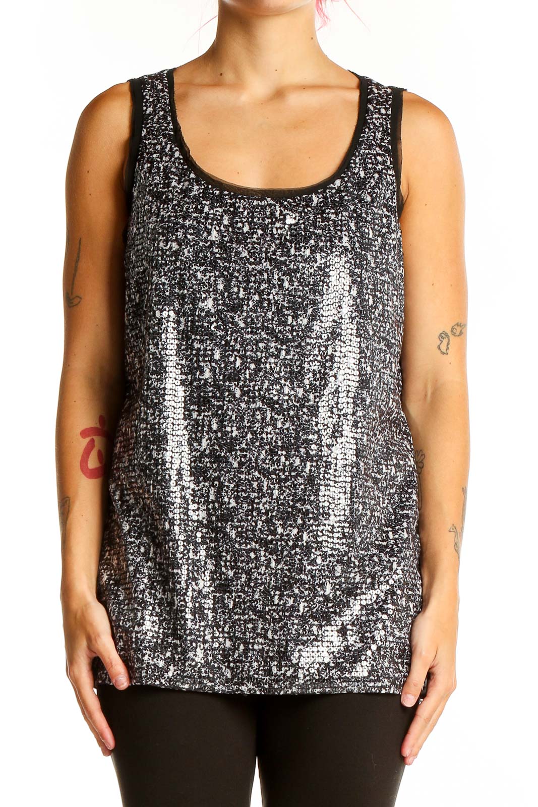 Black White Sequin  Tank Top Front