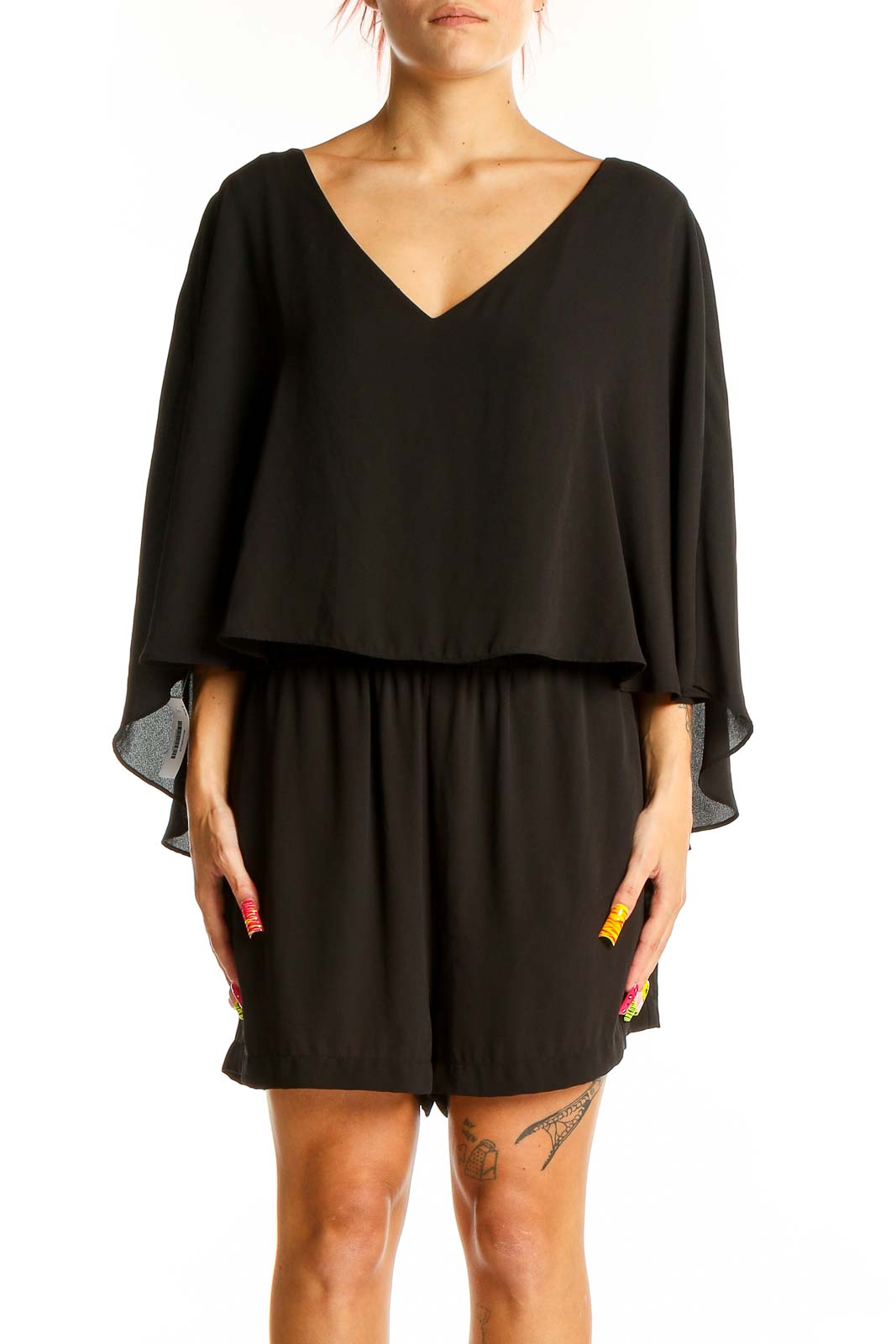 Black Elegant Cape-Style Romper Front