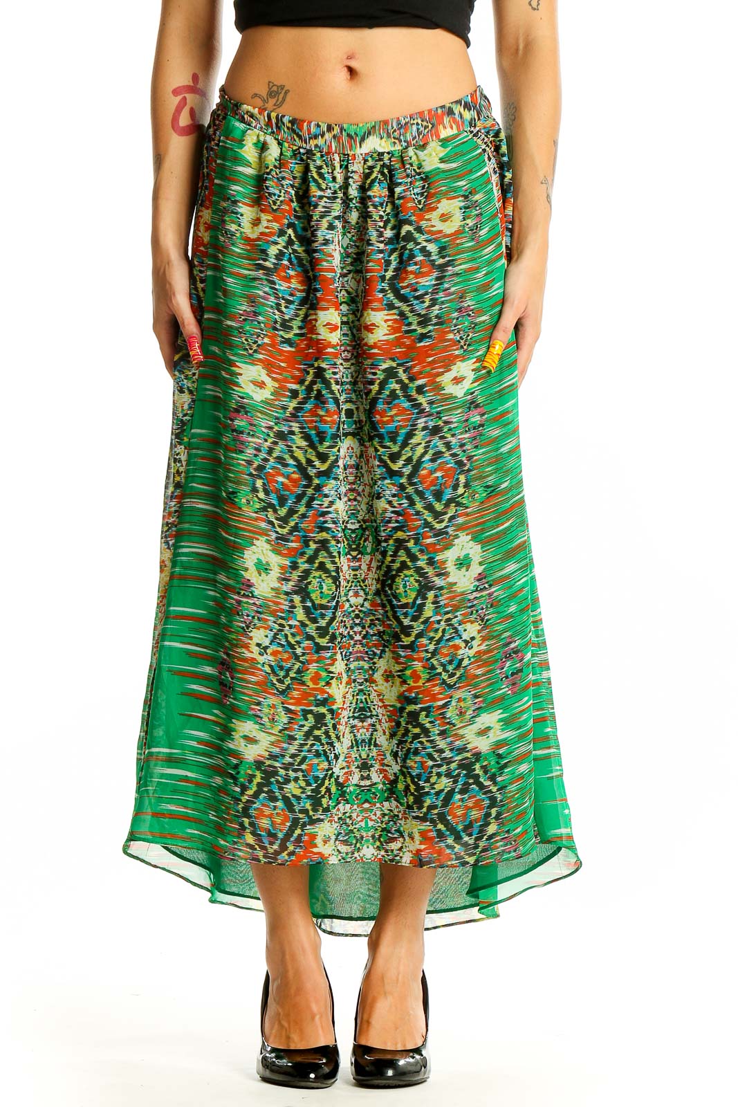 Green Patterned Maxi Skirt Front