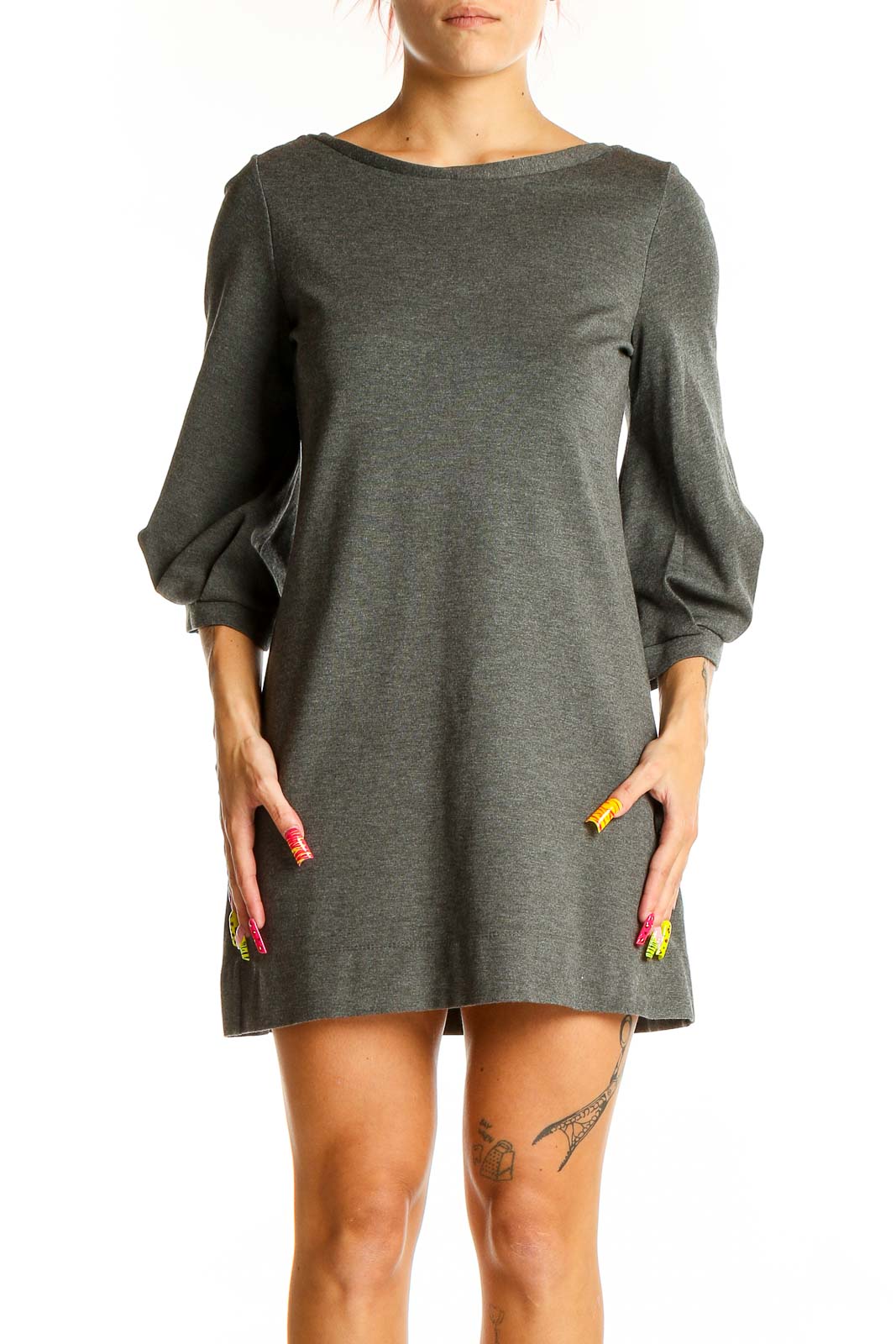 Gray Knit Mini Dress with Puff Sleeves Front